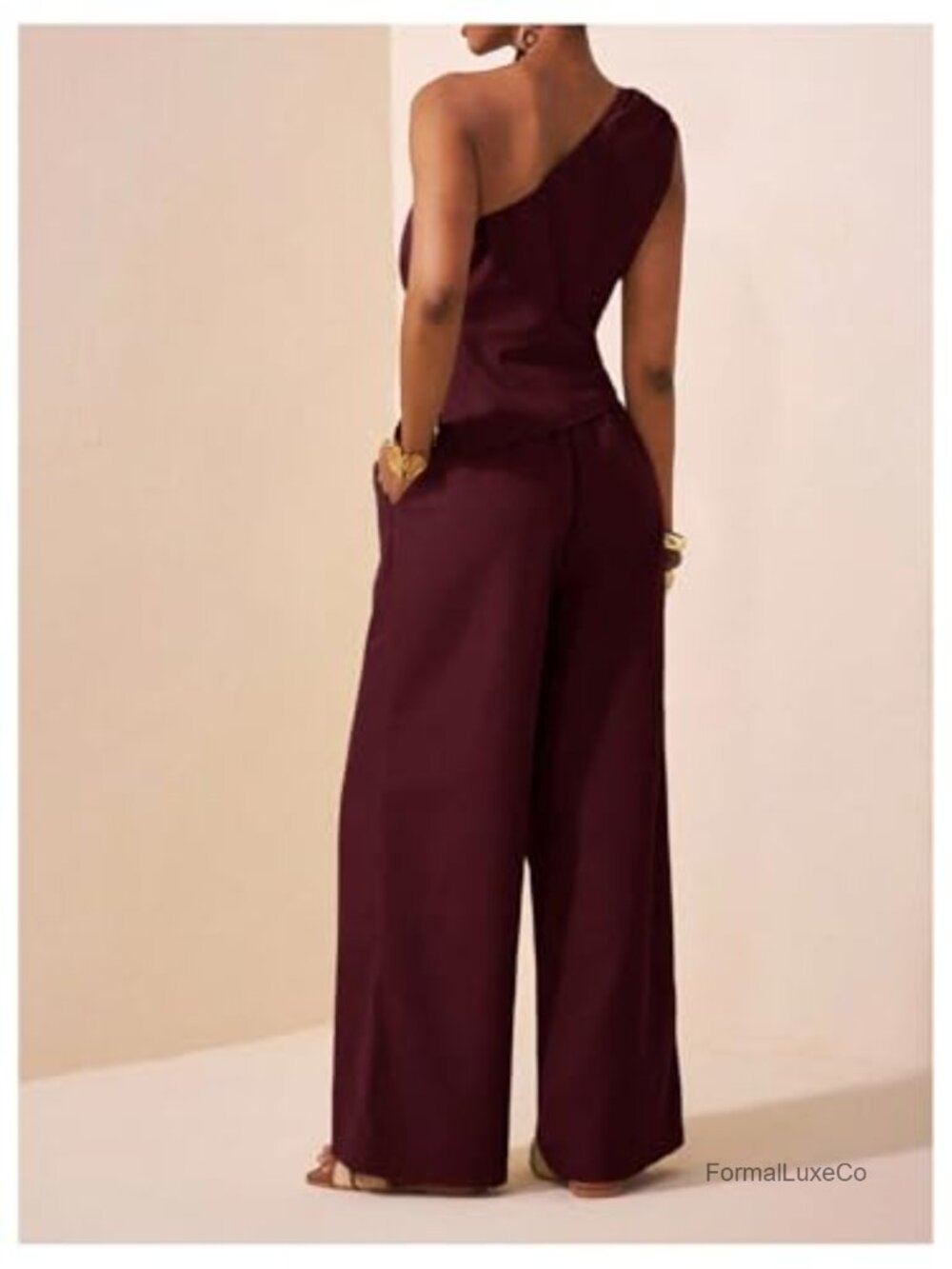 One Shoulder Ruched Top and Wide Leg Pants Matching Set - Picture 2 of 5